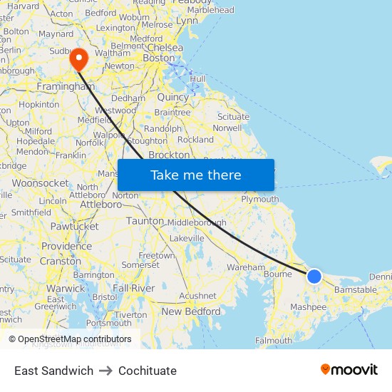 East Sandwich to Cochituate map