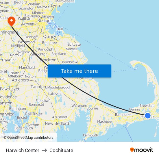 Harwich Center to Cochituate map