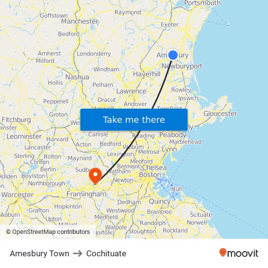 Amesbury Town to Cochituate map