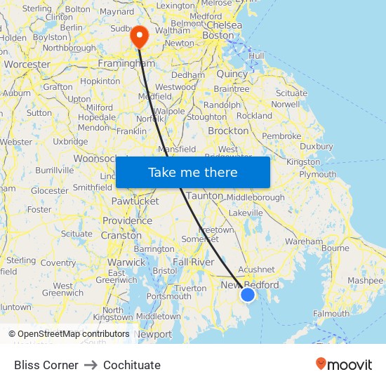 Bliss Corner to Cochituate map