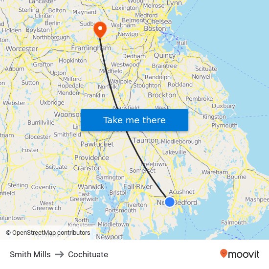 Smith Mills to Cochituate map