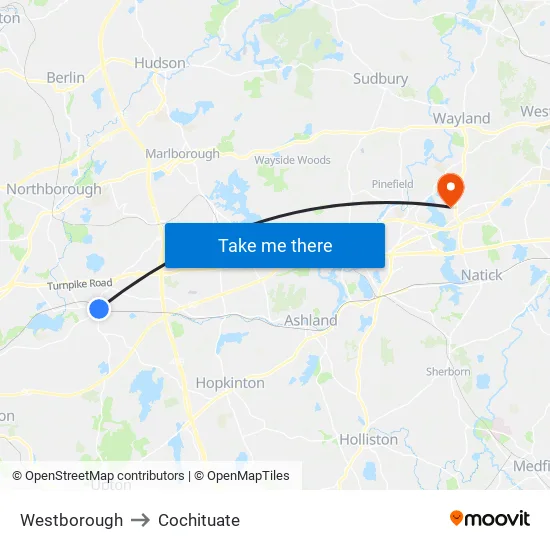 Westborough to Cochituate map