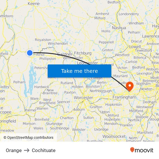 Orange to Cochituate map