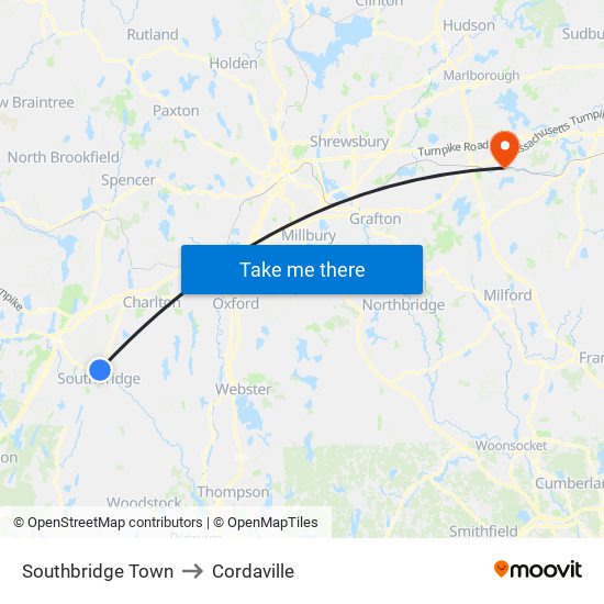 Southbridge Town to Cordaville map