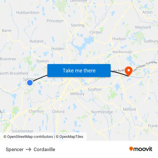 Spencer to Cordaville map