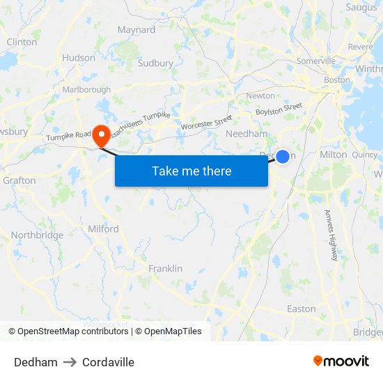 Dedham to Cordaville map
