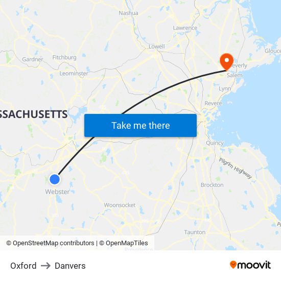 Oxford to Danvers map