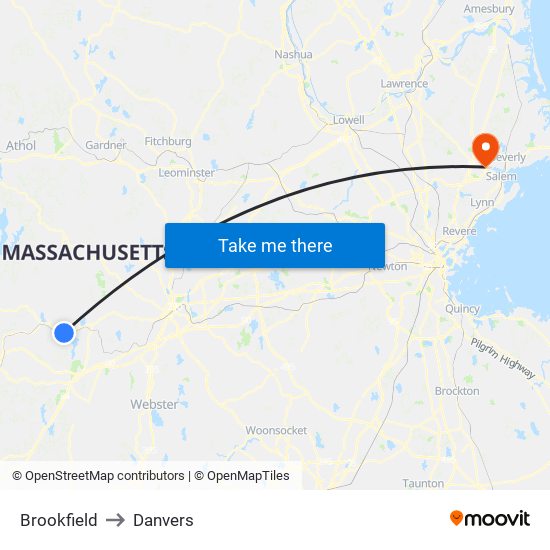 Brookfield to Danvers map