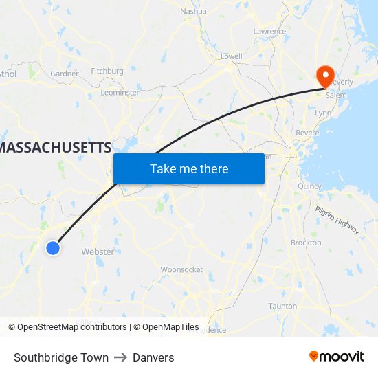 Southbridge Town to Danvers map