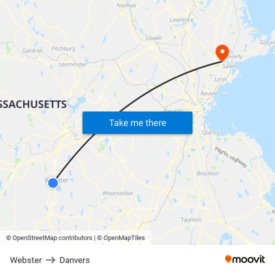 Webster to Danvers map