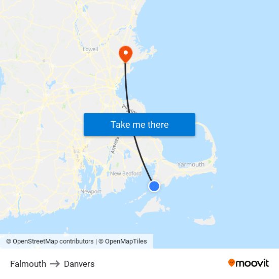 Falmouth to Danvers map