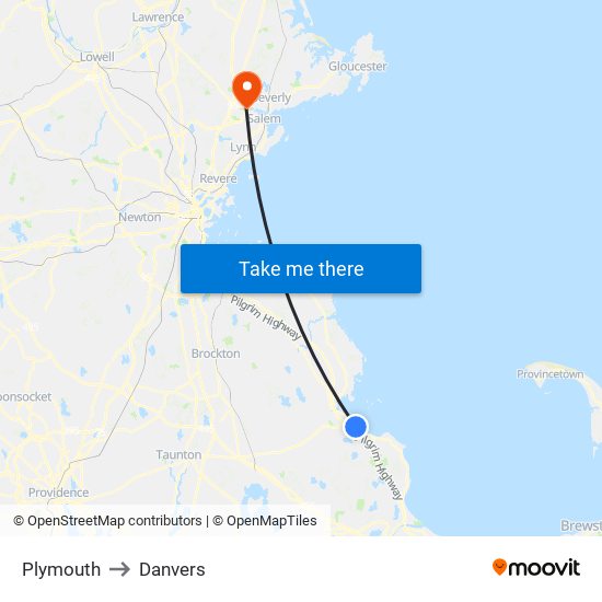 Plymouth to Danvers map