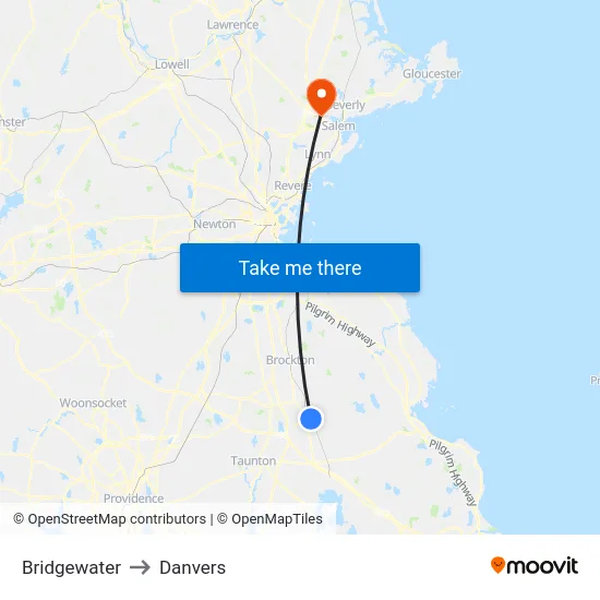 Bridgewater to Danvers map