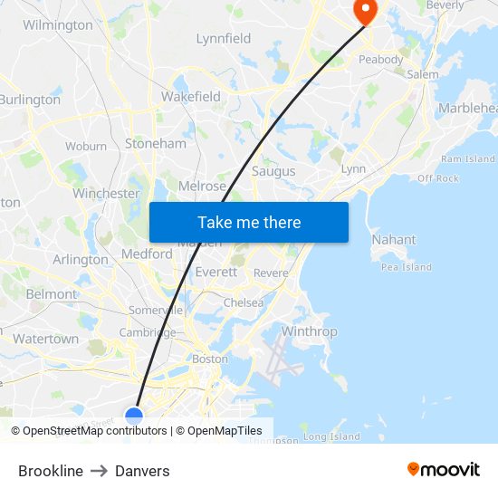 Brookline to Danvers map