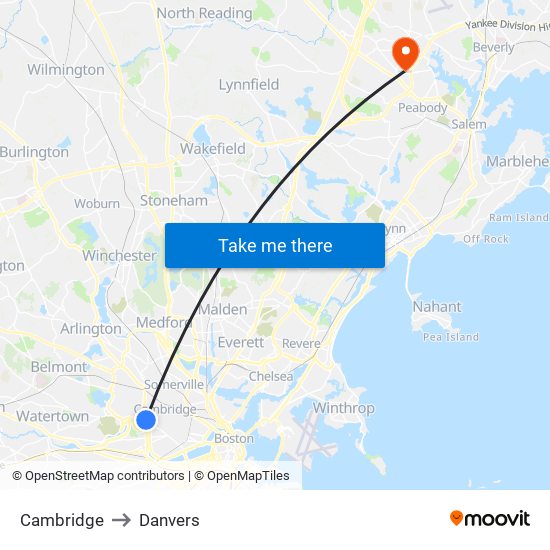 Cambridge to Danvers map