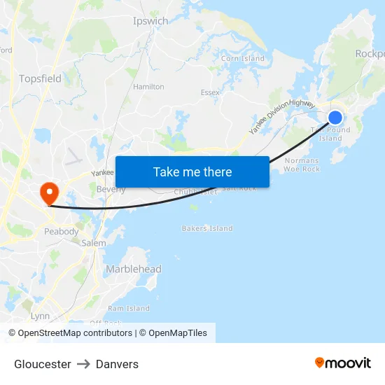 Gloucester to Danvers map