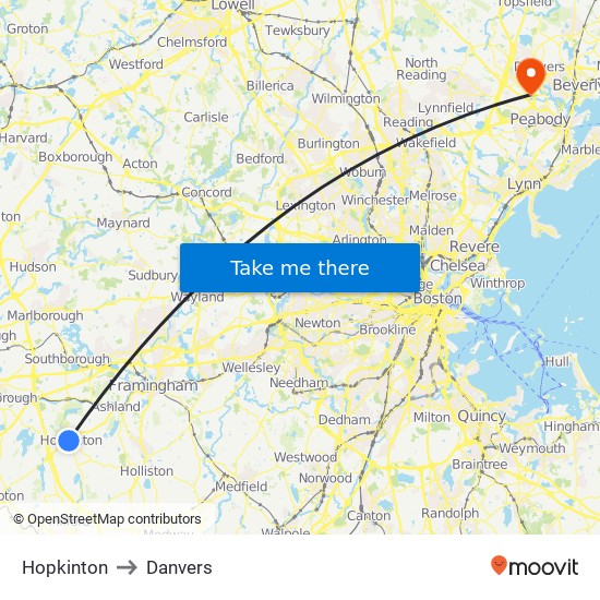 Hopkinton to Danvers map