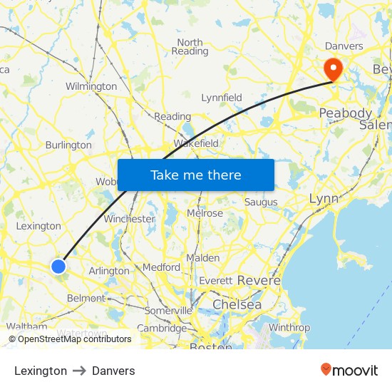 Lexington to Danvers map