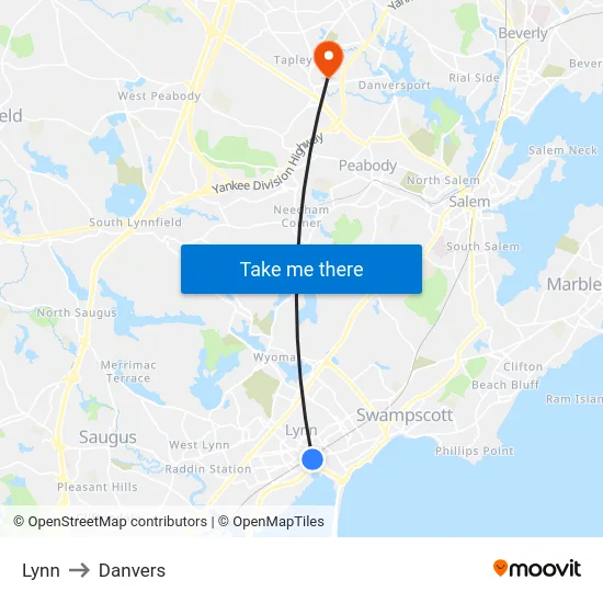 Lynn to Danvers map