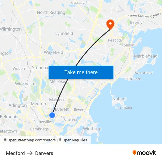 Medford to Danvers map