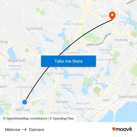 Melrose to Danvers map