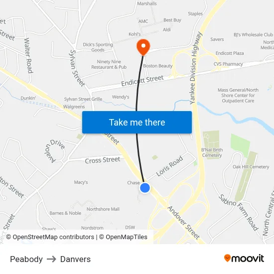 Peabody to Danvers map