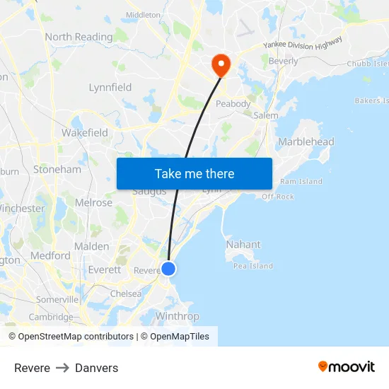 Revere to Danvers map