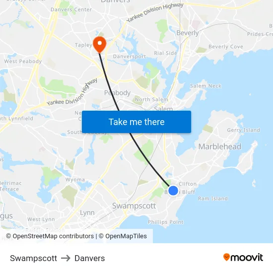 Swampscott to Danvers map