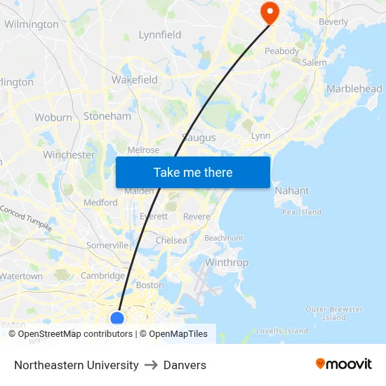 Northeastern University to Danvers map