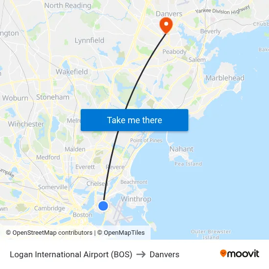 Logan International Airport (BOS) to Danvers map