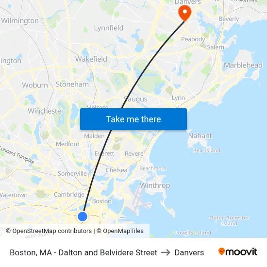 Boston, MA - Dalton and Belvidere Street to Danvers map