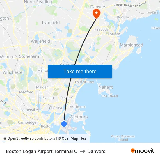 Boston Logan Airport Terminal C to Danvers map