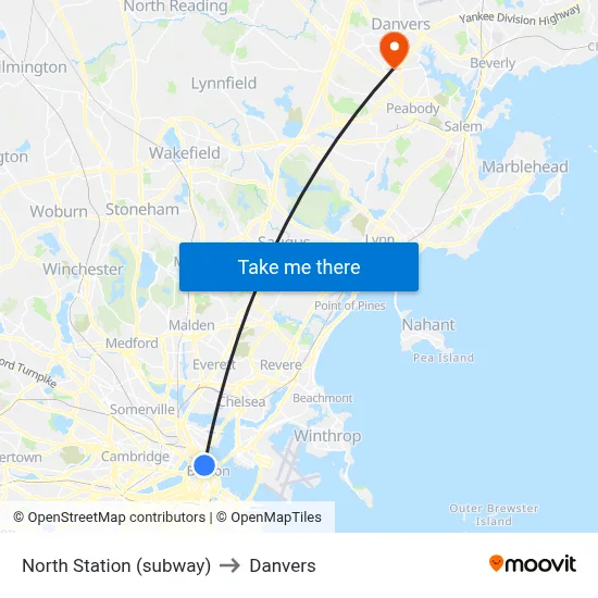 North Station (subway) to Danvers map