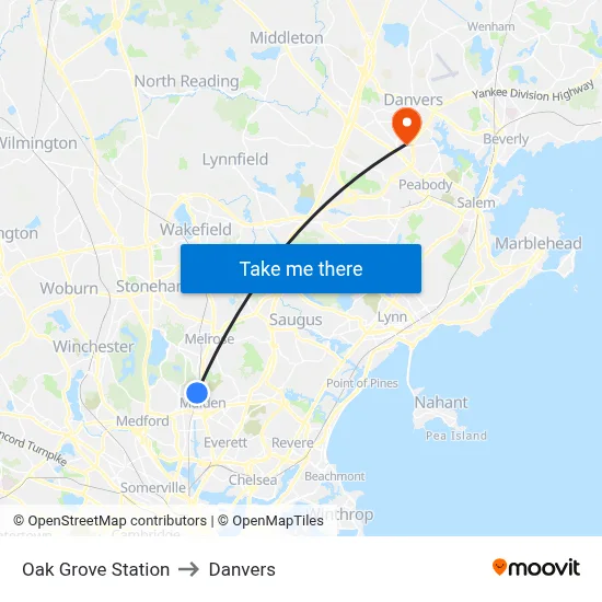 Oak Grove Station to Danvers map