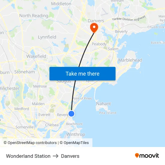 Wonderland Station to Danvers map