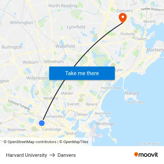 Harvard University to Danvers map