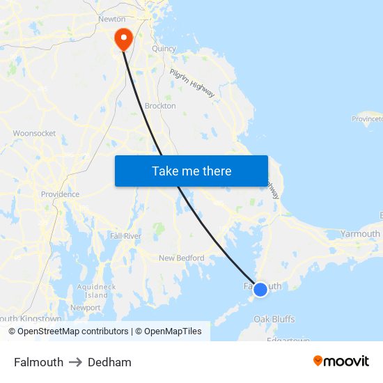 Falmouth to Dedham map
