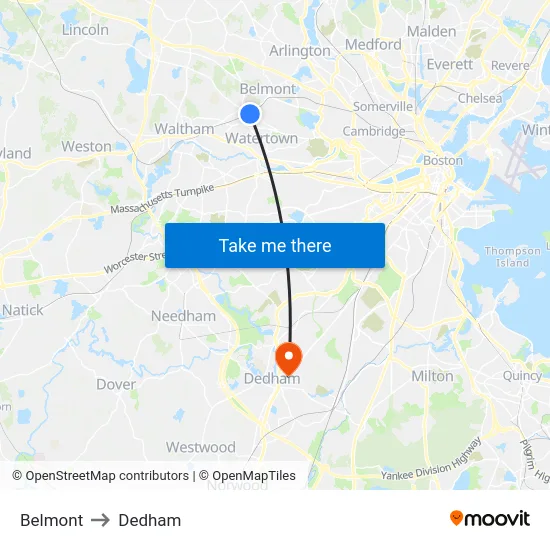 Belmont to Dedham map