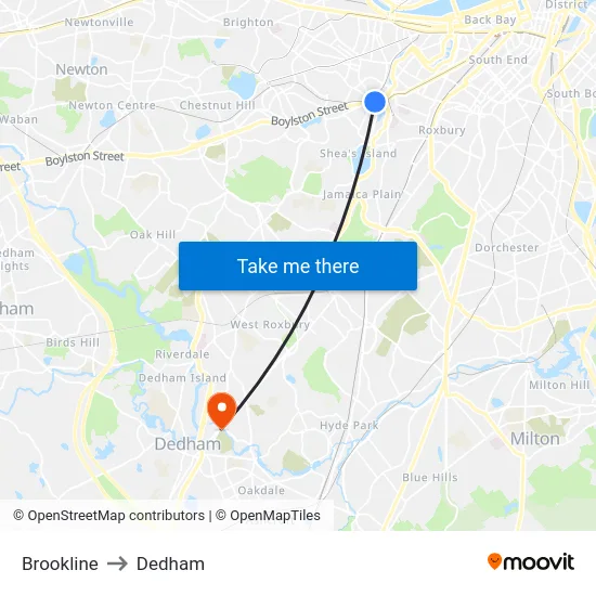 Brookline to Dedham map