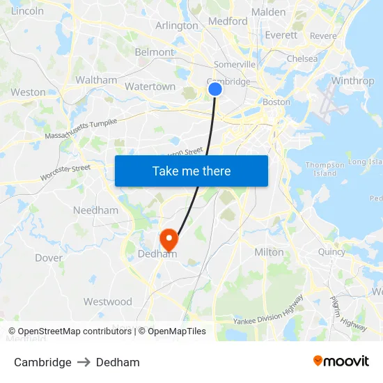 Cambridge to Dedham map