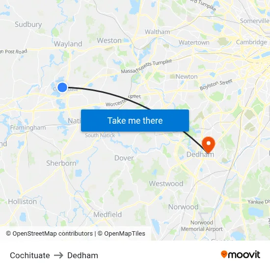 Cochituate to Dedham map