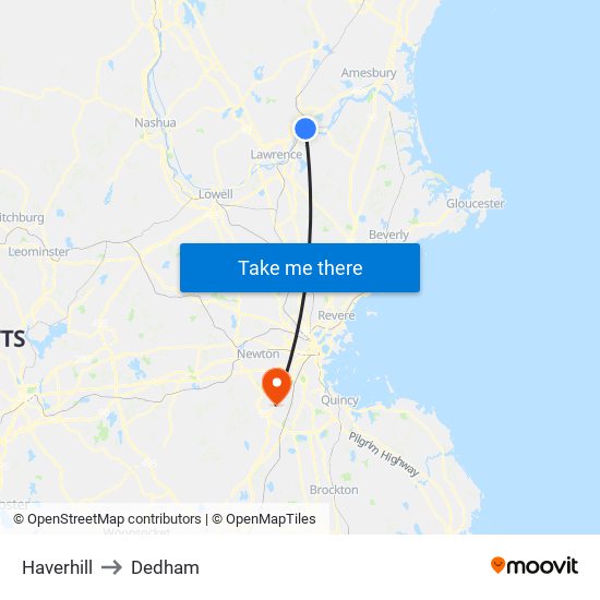 Haverhill to Dedham map