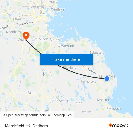 Marshfield to Dedham map