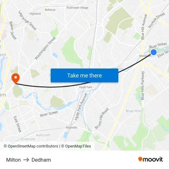 Milton to Dedham map
