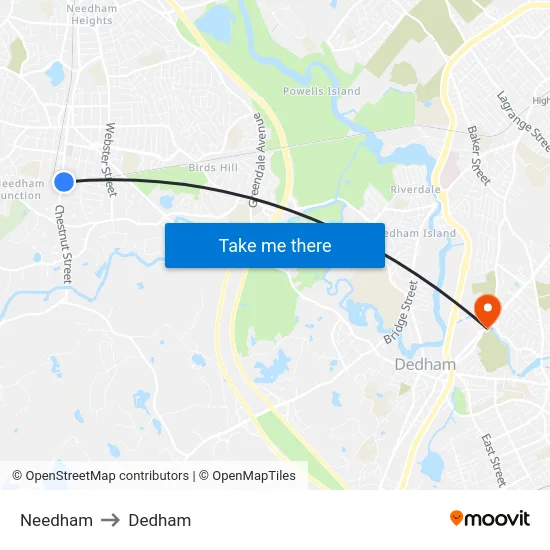 Needham to Dedham map