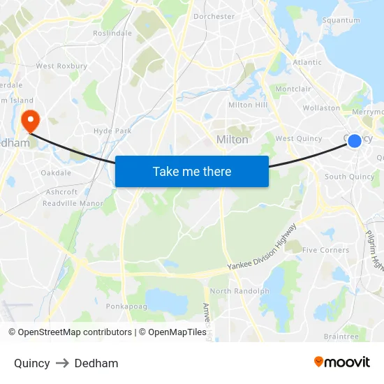 Quincy to Dedham map