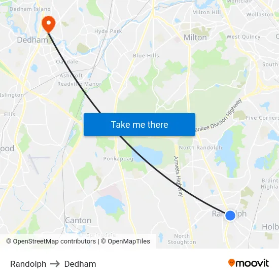 Randolph to Dedham map