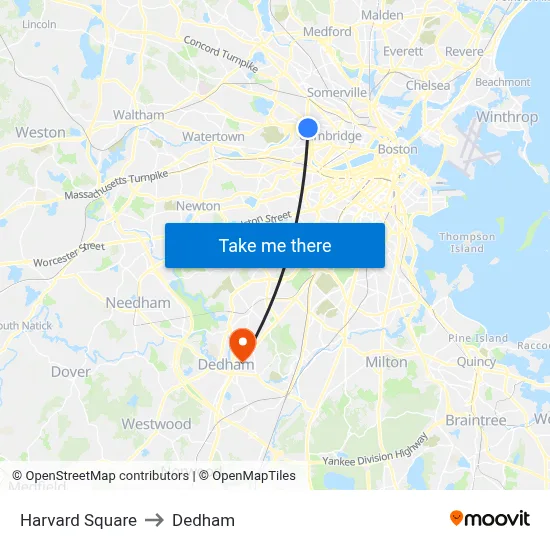 Harvard Square to Dedham map