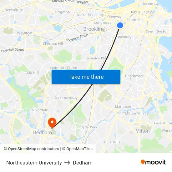 Northeastern University to Dedham map