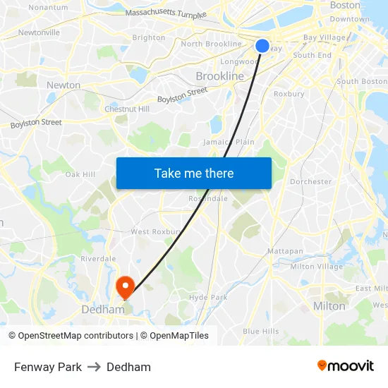 Fenway Park to Dedham map